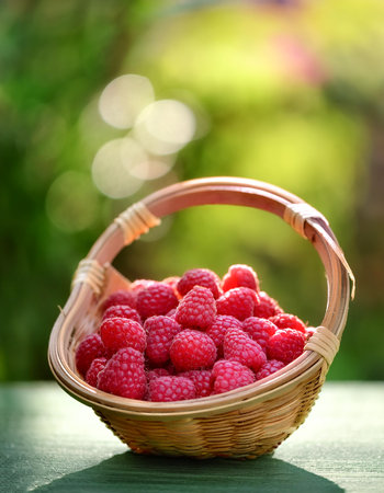 raspberry in Bamboo basket with blur green bokeh background