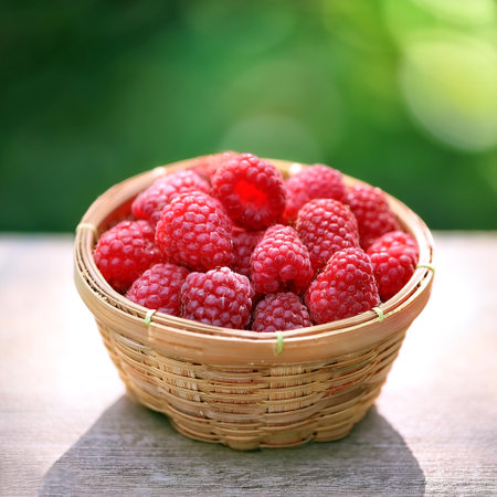 raspberry in Bamboo basket with blur green bokeh backgroundの写真素材