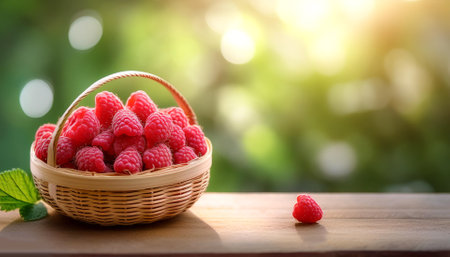 raspberry in Bamboo basket with blur green bokeh backgroundの写真素材