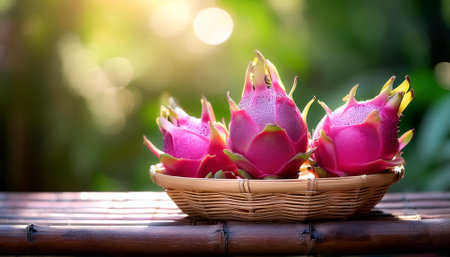 Dragon fruit in Bamboo basket with blur green bokeh backgroundの写真素材