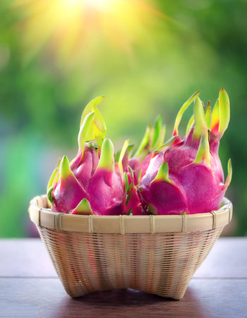 Dragon fruit in Bamboo basket with blur green bokeh backgroundの写真素材