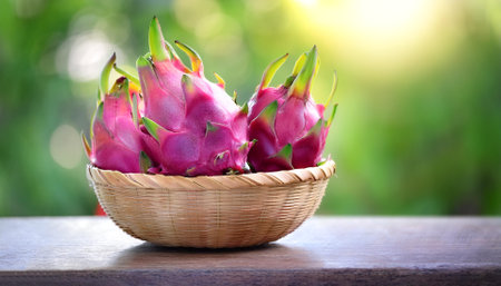 Dragon fruit in Bamboo basket with blur green bokeh backgroundの写真素材