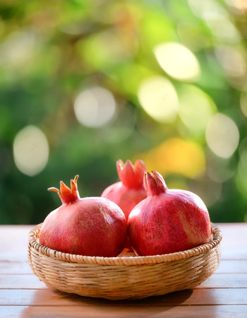 Pomegranate in Bamboo basket with blur green bokeh backgroundの写真素材