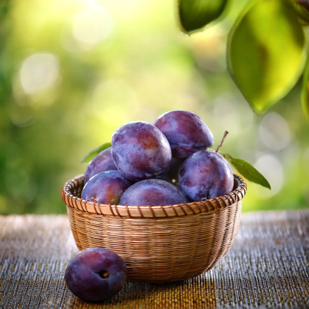 Plum Fruit in Bamboo basket with blur green bokeh background.の写真素材