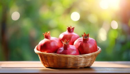 Pomegranate in Bamboo basket with blur green bokeh backgroundの写真素材