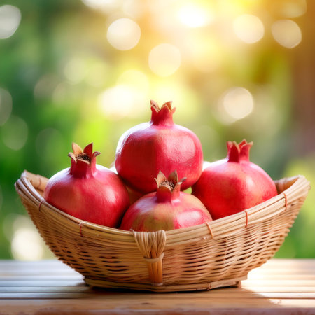 Pomegranate in Bamboo basket with blur green bokeh backgroundの写真素材