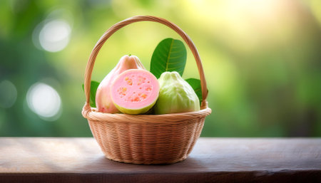 Guava in Bamboo basket with blur green bokeh backgroundの写真素材