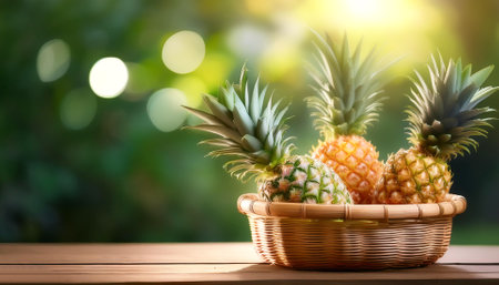 Pineapple in Bamboo basket with blur green bokeh backgroundの写真素材