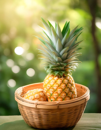 Pineapple in Bamboo basket with blur green bokeh backgroundの写真素材