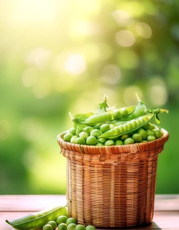 Peas in Bamboo basket with blur green bokeh backgroundの写真素材