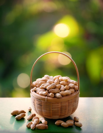 peanuts in Bamboo basket with blur green bokeh backgroundの写真素材