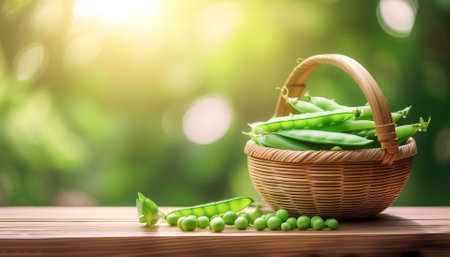 Peas in Bamboo basket with blur green bokeh backgroundの写真素材