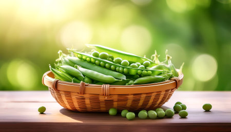 Peas in Bamboo basket with blur green bokeh backgroundの写真素材