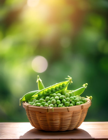 Peas in Bamboo basket with blur green bokeh backgroundの写真素材