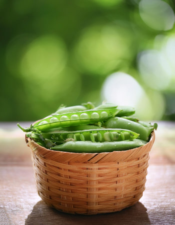Peas in Bamboo basket with blur green bokeh backgroundの写真素材