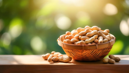 peanuts in Bamboo basket with blur green bokeh backgroundの写真素材