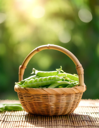 Peas in Bamboo basket with blur green bokeh backgroundの写真素材