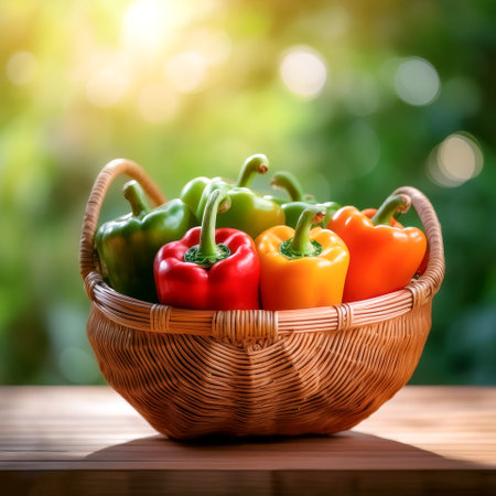 Paprika in Bamboo basket with blur green bokeh backgroundの写真素材