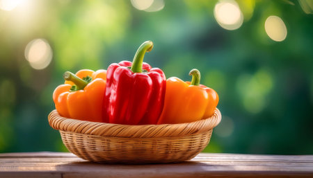 Paprika in Bamboo basket with blur green bokeh backgroundの写真素材