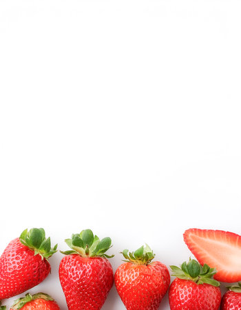 strawberry fruit border isolated on white background with copy spaceの写真素材