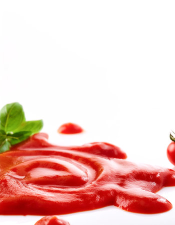 spilled tomato sauce border isolated on white background with copy spaceの写真素材
