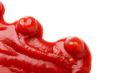 spilled tomato sauce border isolated on white background with copy spaceの写真素材