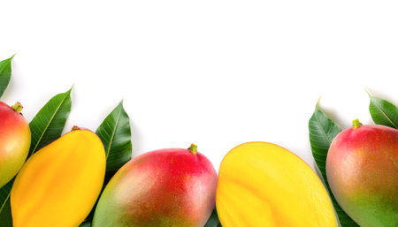 Mango fruit border isolated on white background with copy spaceの写真素材
