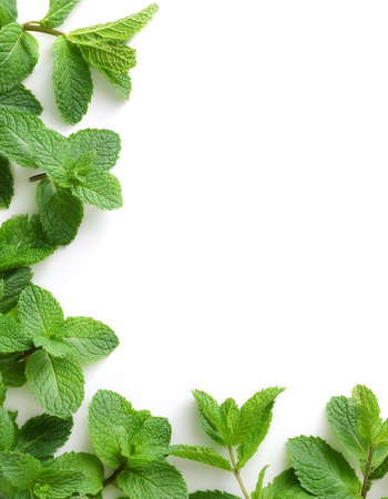 mint leaves border isolated on white background with copy spaceの写真素材