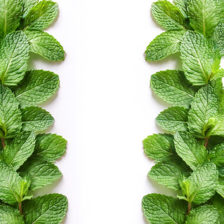 mint leaves border isolated on white background with copy space