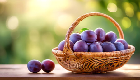 Plum Fruit in Bamboo basket with blur green bokeh background.の写真素材