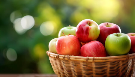 Red and green apples in Bamboo basket with blur green bokeh background