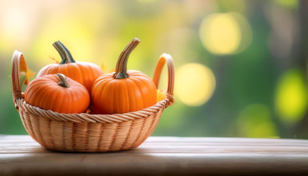 Pumpkin in Bamboo basket with blur green bokeh backgroundの写真素材