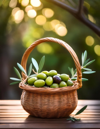 Olive in Bamboo basket with blur green bokeh backgroundの写真素材