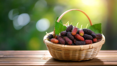 Mulberry in Bamboo basket with blur green bokeh background