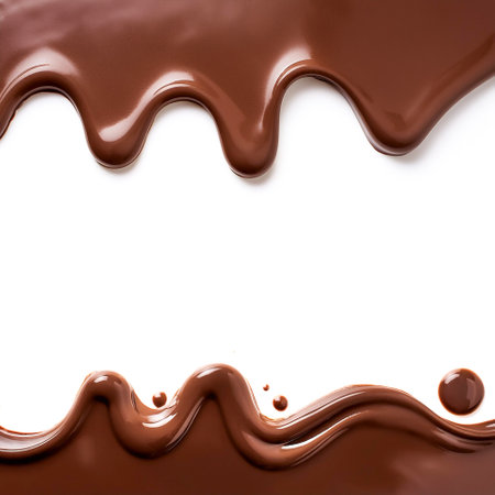 Melting chocolate from top of frame to bottom isolated on white background with copy space with copy spaceの写真素材