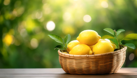 Lemon in Bamboo basket with blur green bokeh backgroundの写真素材