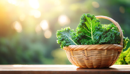 Kale Vegetables in Bamboo basket with blur green bokeh backgroundの写真素材