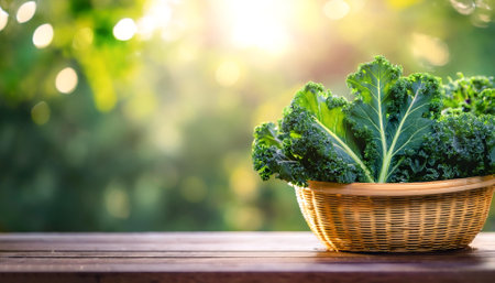 Kale Vegetables in Bamboo basket with blur green bokeh backgroundの写真素材