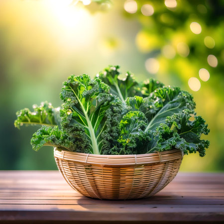 Kale Vegetables in Bamboo basket with blur green bokeh backgroundの写真素材