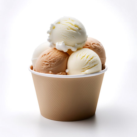 Ice cream balls in paper cup isolated whiteの写真素材