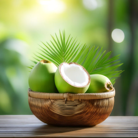 Green young coconut fruit in Bamboo basket with blur green bokeh backgroundの写真素材