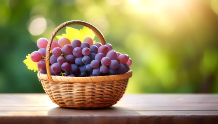 Grape in Bamboo basket with blur green bokeh backgroundの写真素材