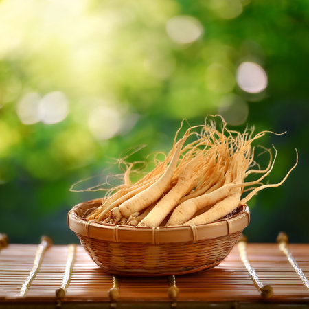 ginseng in Bamboo basket with blur green bokeh background