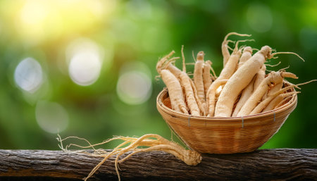 ginseng in Bamboo basket with blur green bokeh backgroundの写真素材
