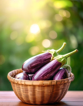 Eggplant in Bamboo basket with blur green bokeh backgroundの写真素材
