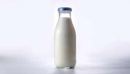 Filled unopened milk bottle isolated whiteの写真素材