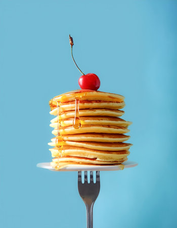 Stack of pancakes with honey decorated sweet cherry pinned on a fork floating or flying isolated on light blue backgroundの写真素材