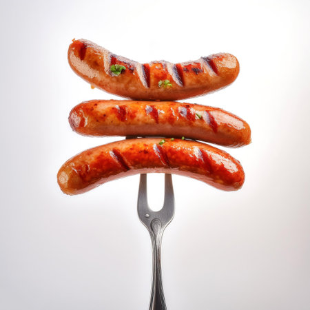 Stack of perfectly grilled Grilled sausages with grill marks on vintage fork floating or flying isolated on clean white backgroundの写真素材