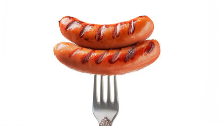 Stack of perfectly grilled Grilled sausages with grill marks on vintage fork floating or flying isolated on clean white backgroundの写真素材