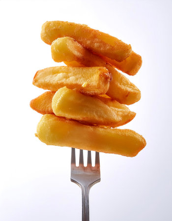 Stack of perfectly french fried on vintage fork floating or flying isolated on clean white backgroundの写真素材